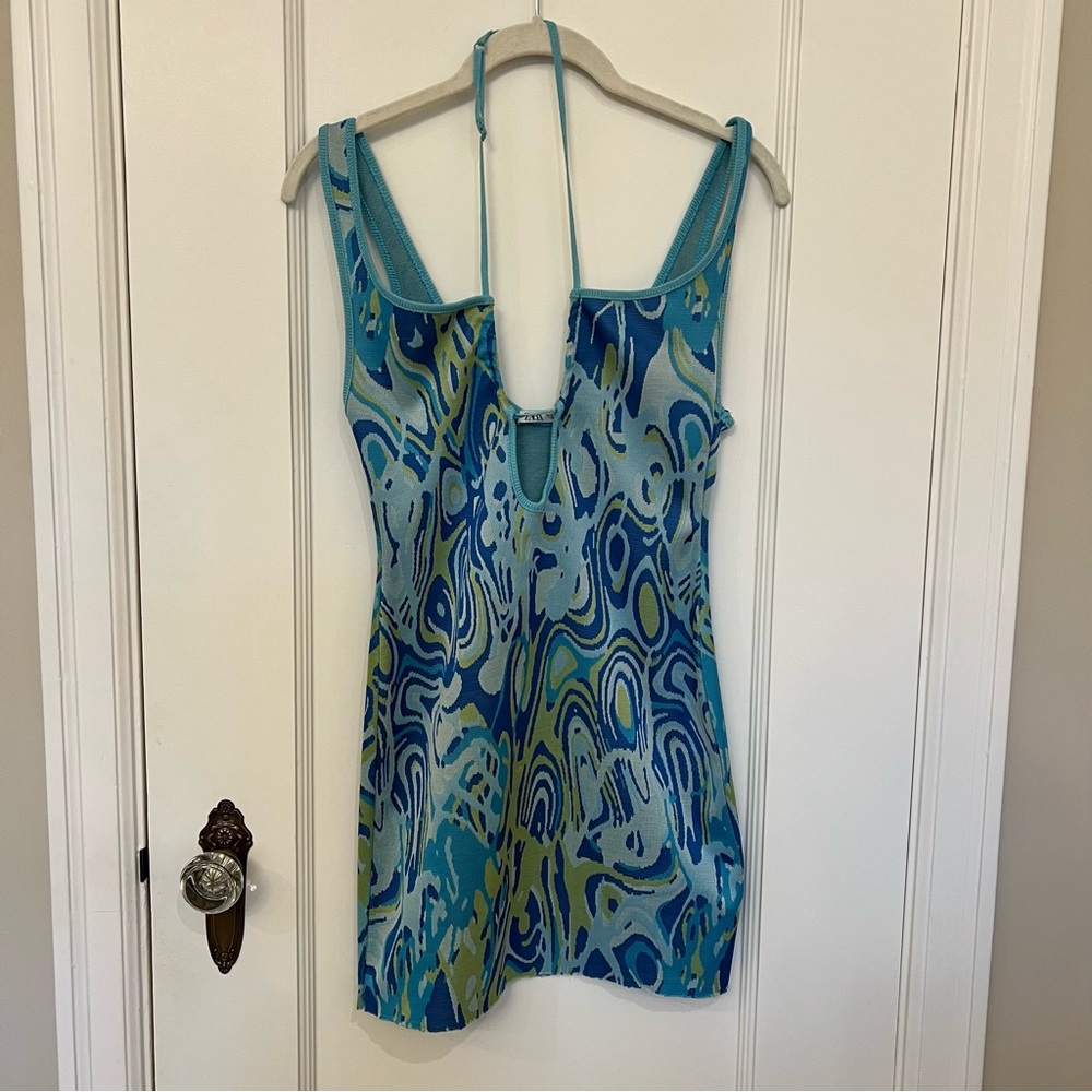 Zara Blue Green Groovy Pattern Knit Mini Dress